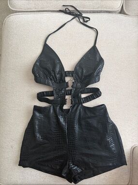 Black Faux-Croc One-Piece Halter Romper